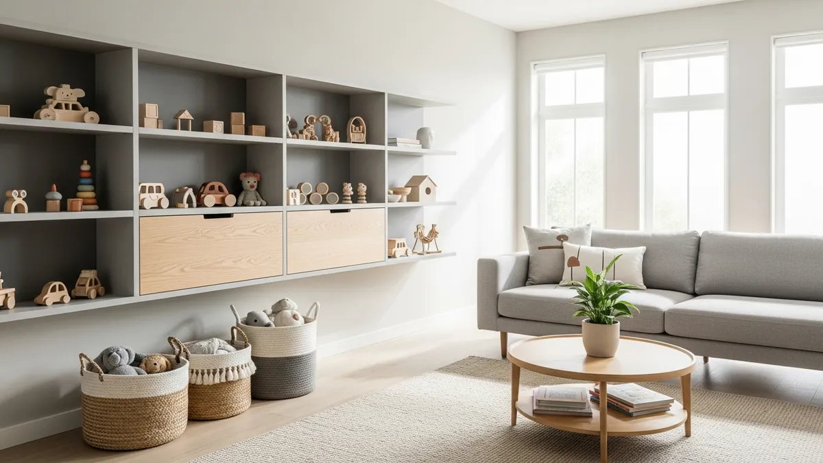 Modern living room with organized toy storage solutions and stylish baskets