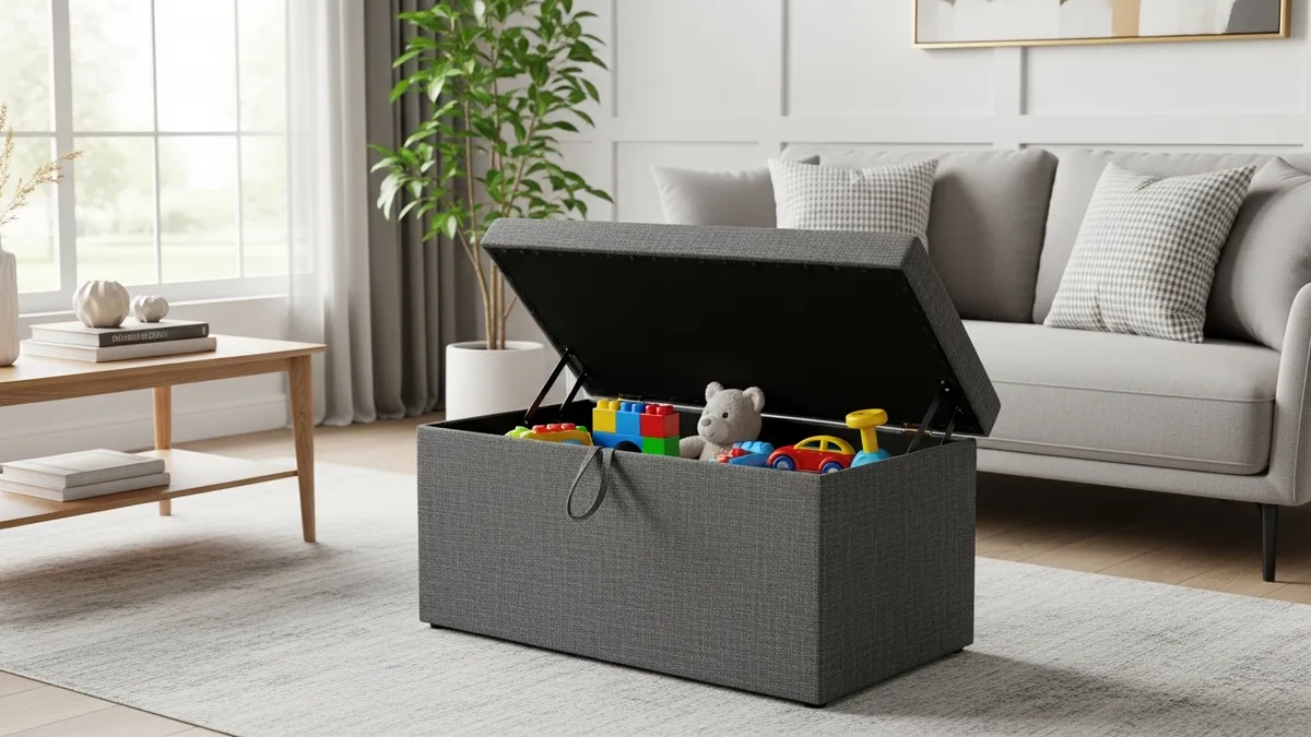 Storage ottoman with hidden toy compartment in modern living room