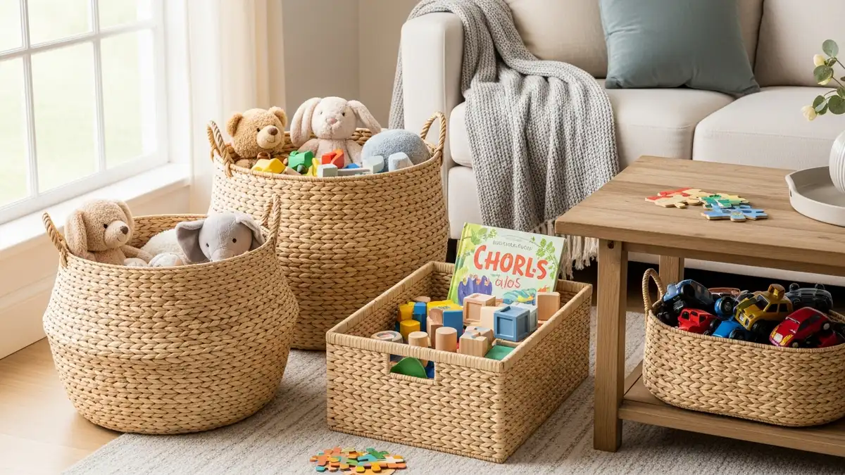 Wicker storage baskets filled with children's toys in organized living room