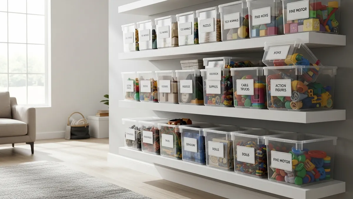 Organized toy rotation system with labeled storage bins on shelves