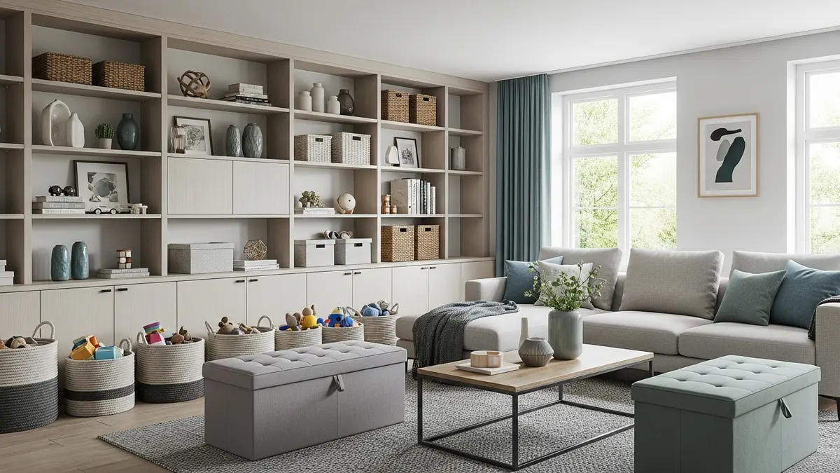 Modern living room with creative toy storage solutions and organized family space