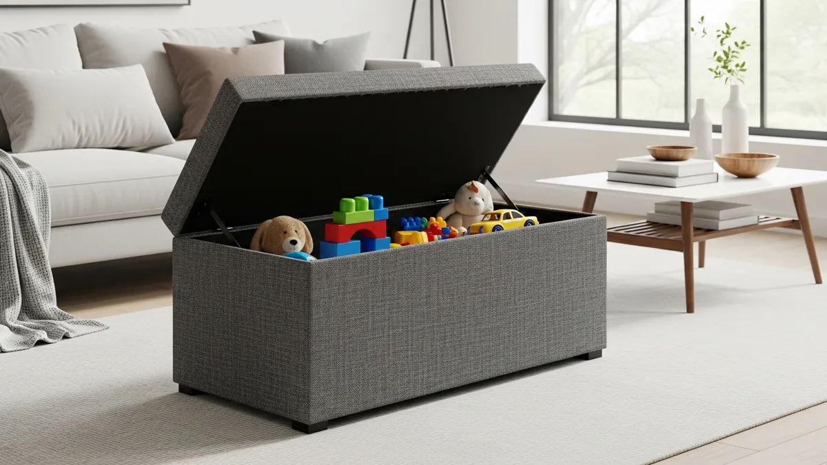 Storage ottoman with hidden toy compartment in modern living room