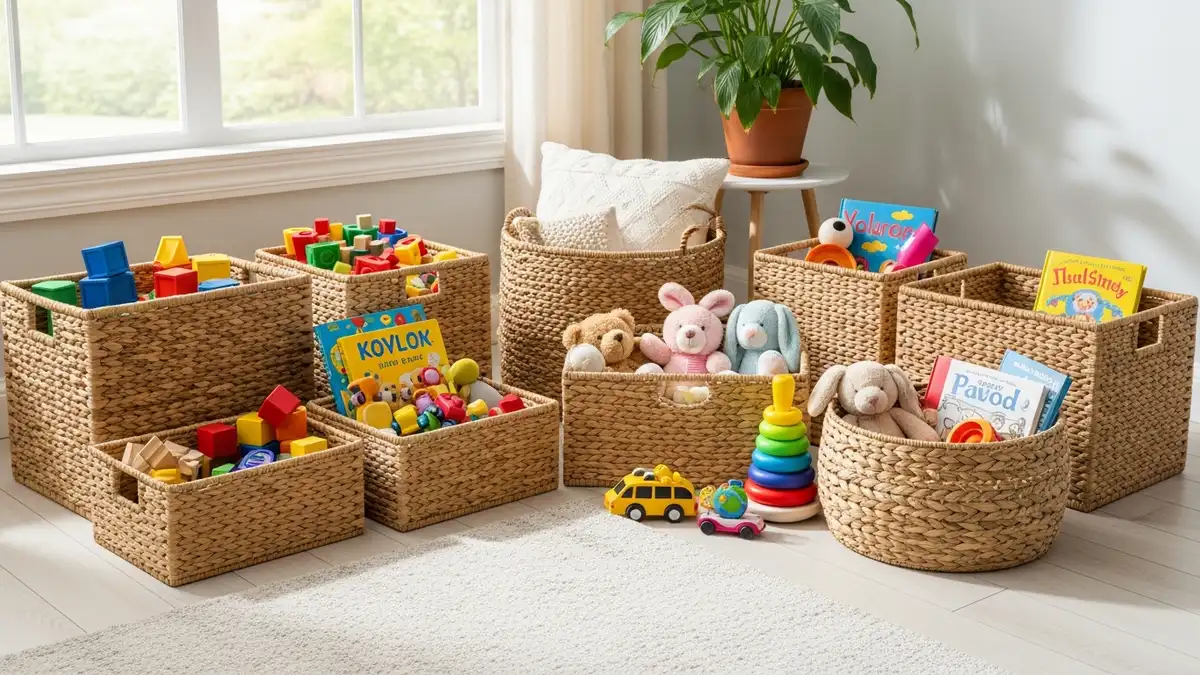 Decorative storage baskets organizing toys in living room corner