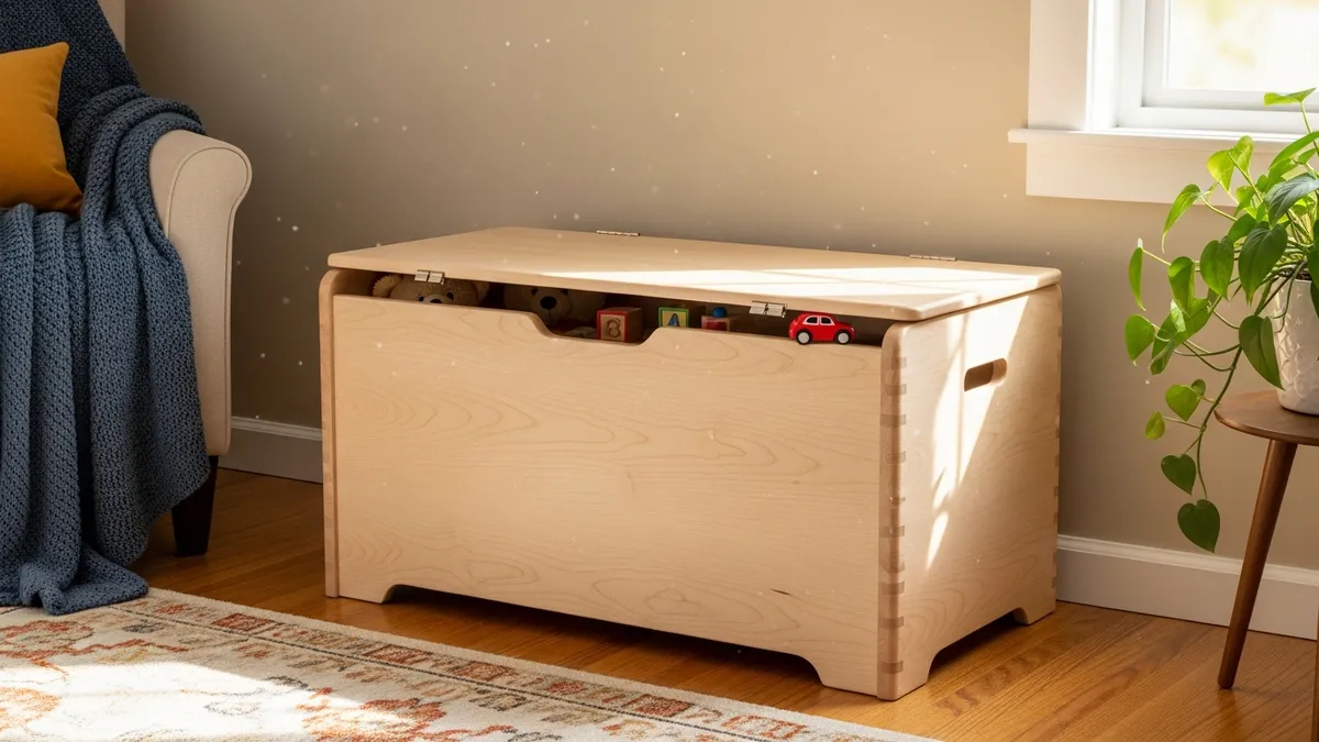 Wooden toy chest providing safe storage for children's toys in living room
