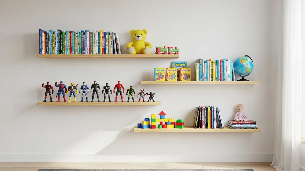 Wall-mounted shelves organizing toys and books in living room