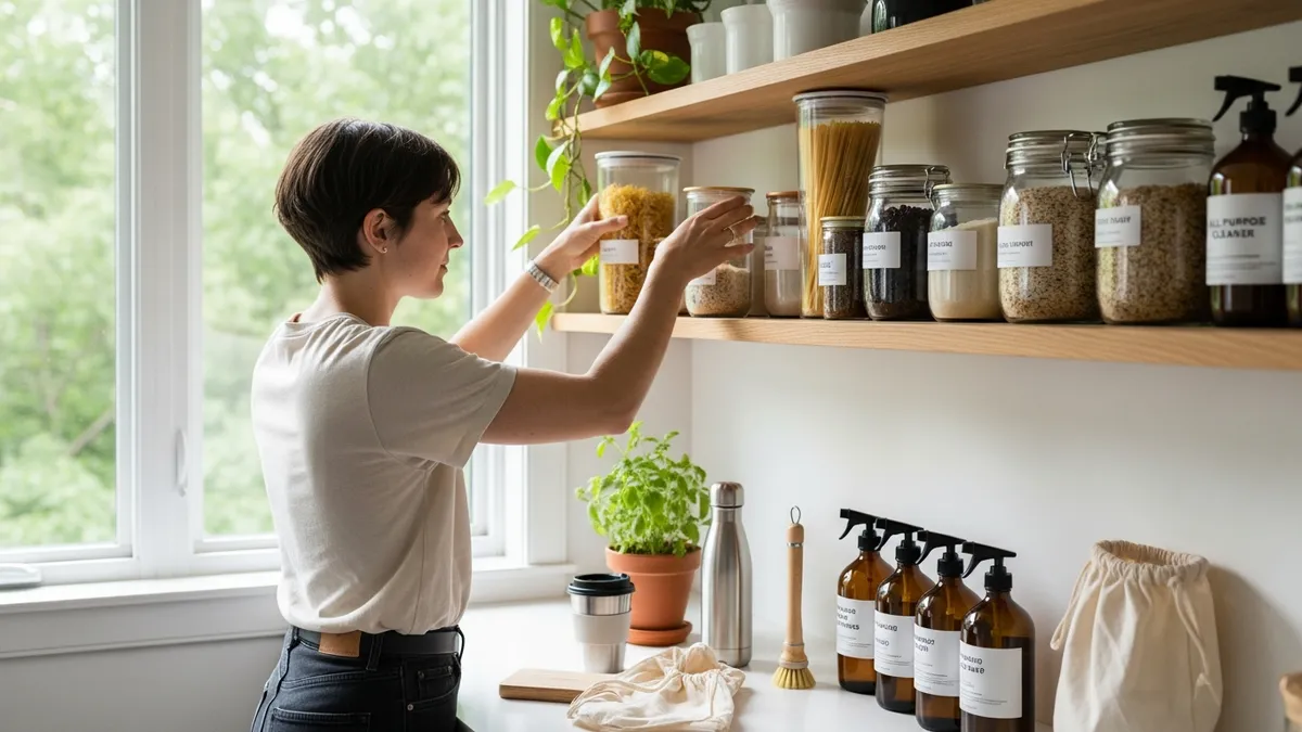 Person implementing sustainable living practices through organized home storage