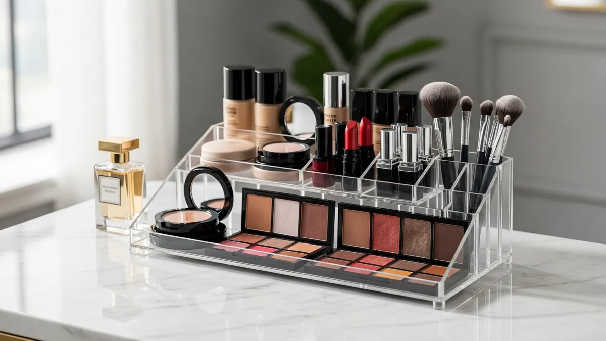 Clear acrylic makeup organizer with cosmetics arranged on white vanity table