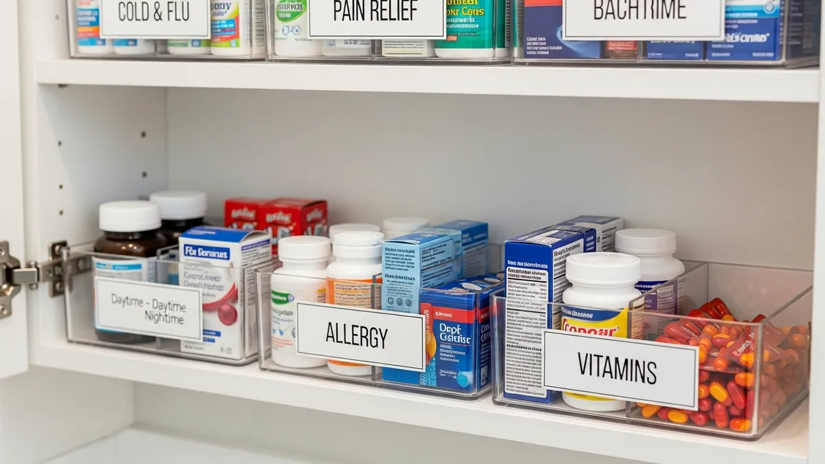 Clear acrylic bins inside medicine cabinet organizing cold medicine, pain relievers, allergy pills, and vitamins by category