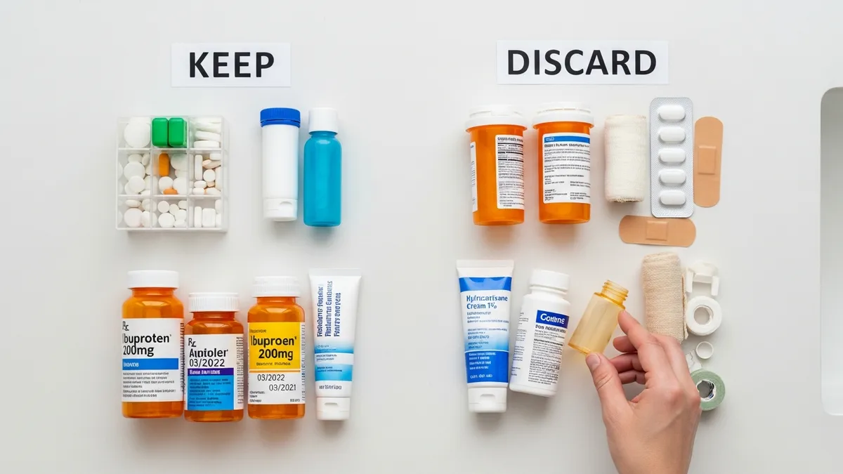 Decluttering medicine cabinet by sorting expired medications and old products into keep and discard piles