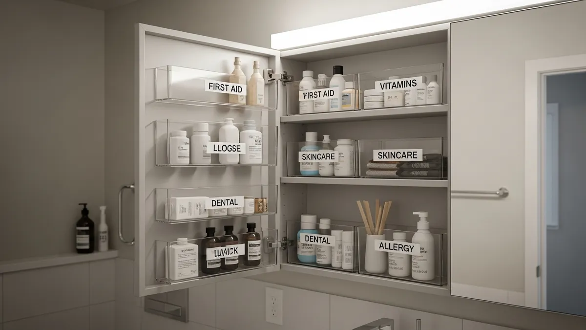 Labeled medicine cabinet shelves with categories for first aid, vitamins, skincare, dental, and allergy supplies