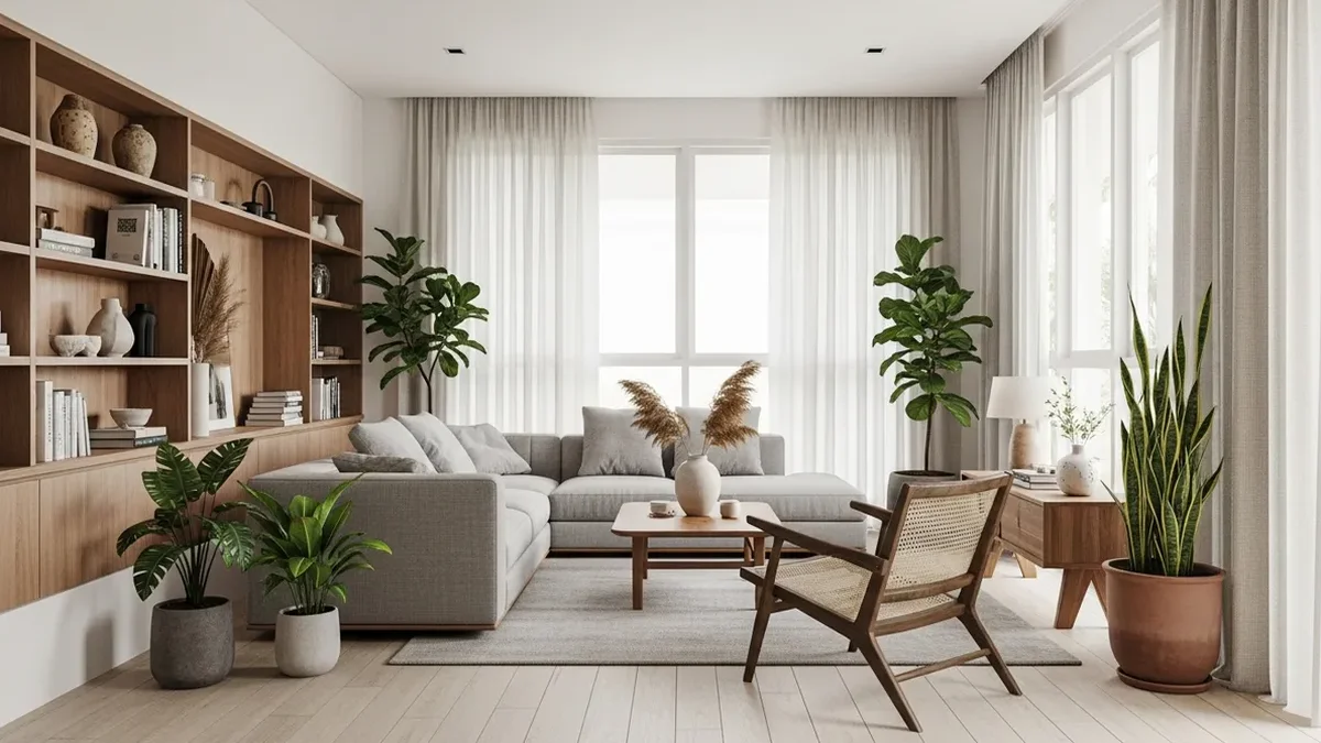 Minimalist TV stand with storage in a modern living room