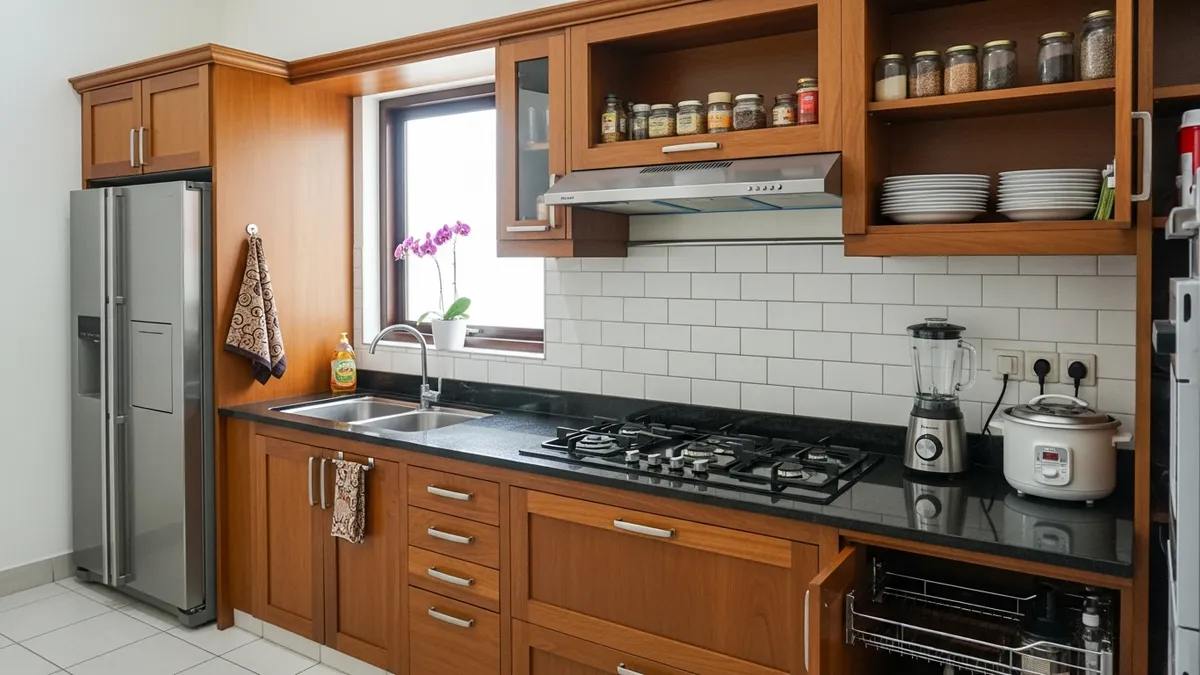 Neatly organized Indonesian kitchen with the right stove table and modern storage solutions
