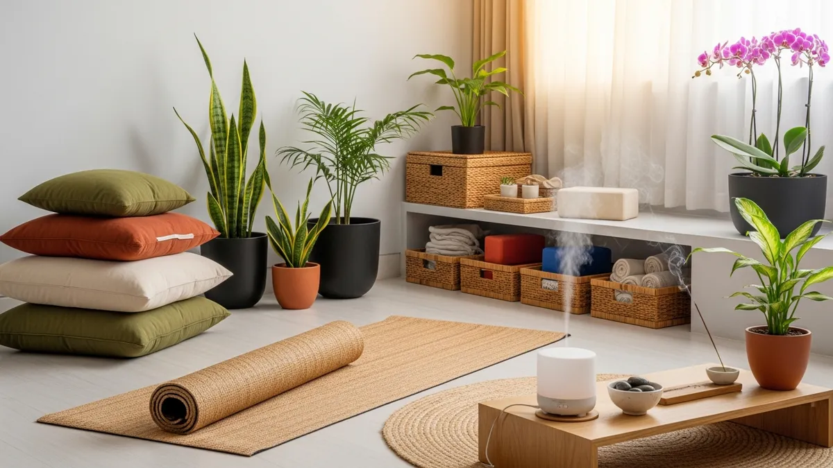 Meditation area with organized storage boxes and minimalist decorations