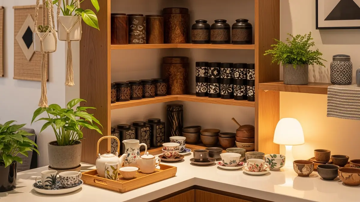 Tea corner with neatly organized tea container storage