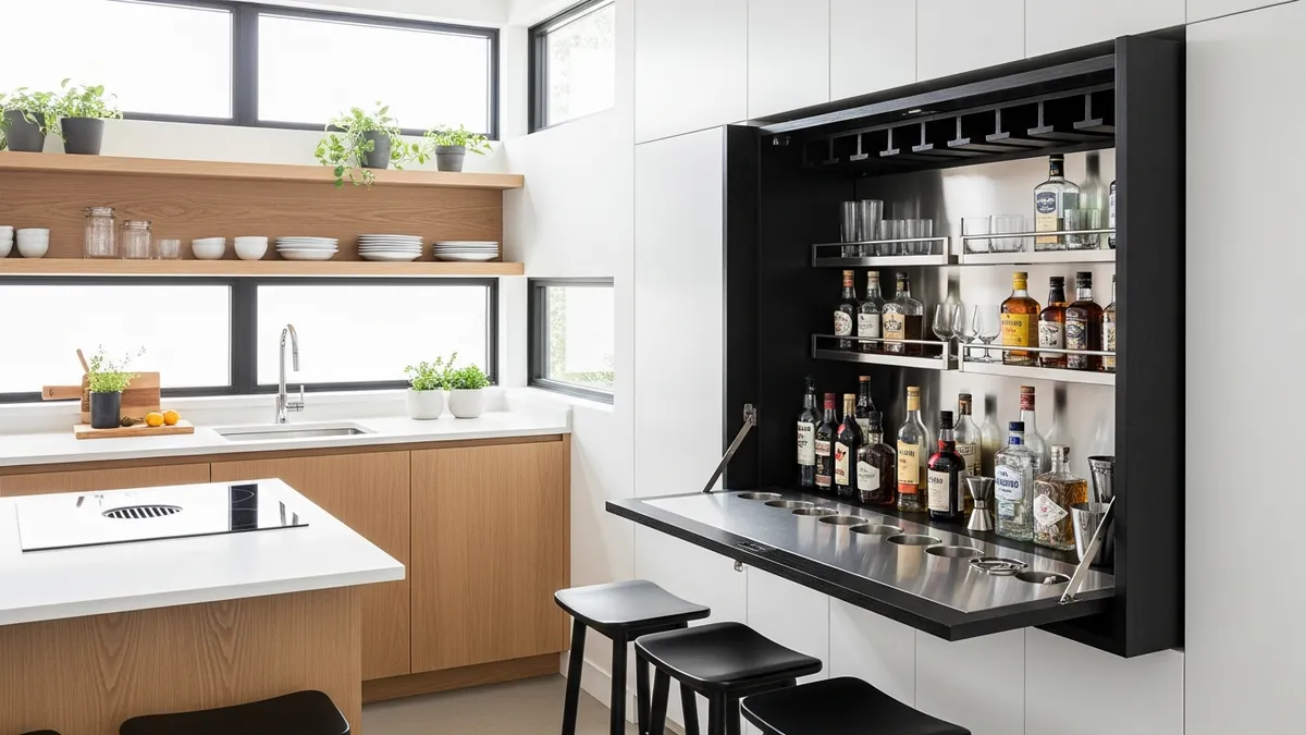 Creative mini bar design for small kitchen with fold-down table and organized storage