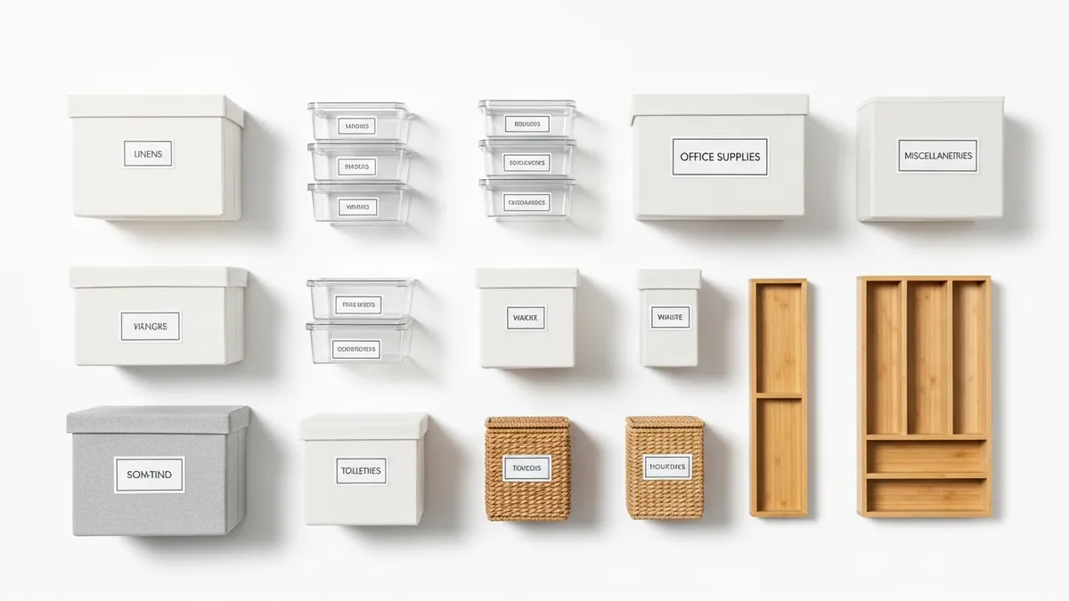 Essential minimalist home organization products including storage boxes, containers, and baskets
