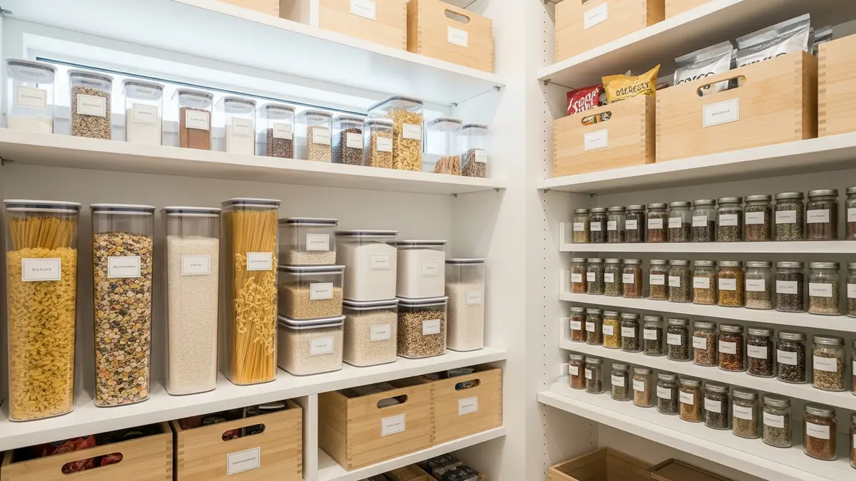 Minimalist kitchen pantry organization with clear airtight containers and labeled storage boxes