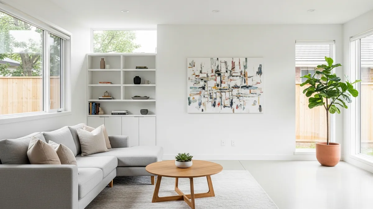 Modern minimalist house interior with organized storage solutions and clean design