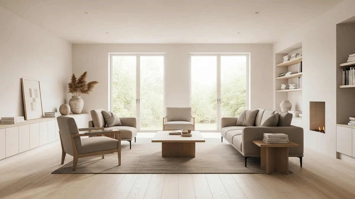 Modern minimalist house interior with white paint and organized storage solutions