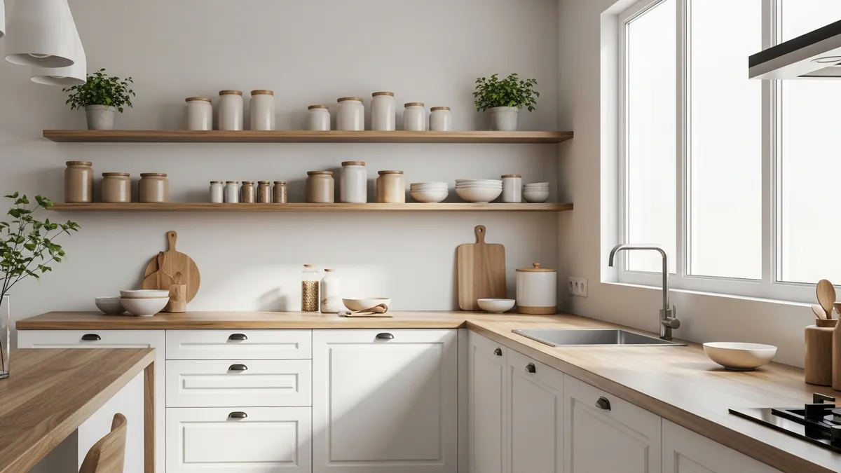 Minimalist kitchen decor ideas with white cabinets and wooden accents in modern Indonesian home