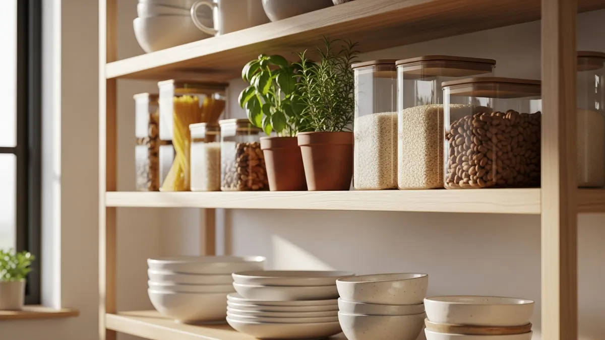Open shelving minimalist kitchen decor with organized glass containers and herbs