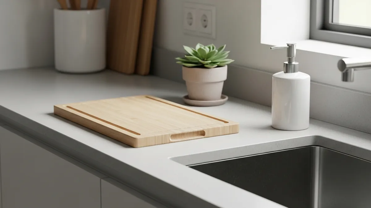 Clean minimalist kitchen countertop decor with wooden cutting board and small plant