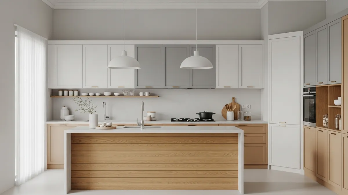 Minimalist kitchen color palette with white gray beige and wood tones for Indonesian homes