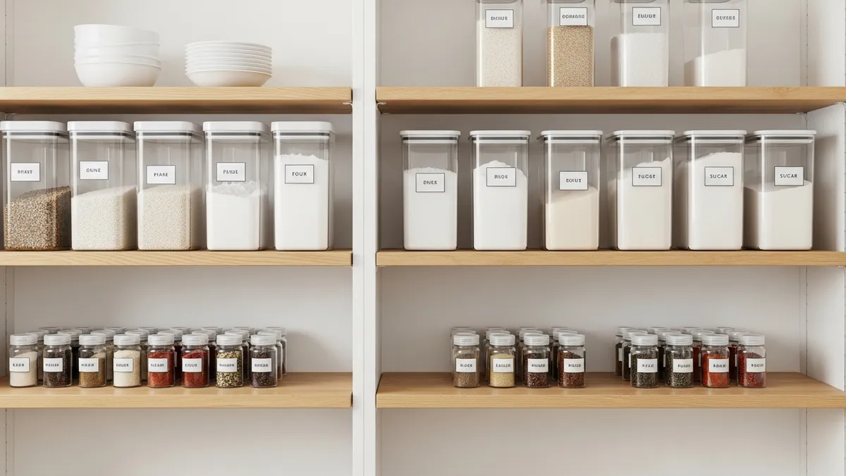 Minimalist kitchen pantry organization with uniform airtight containers and labeled shelves