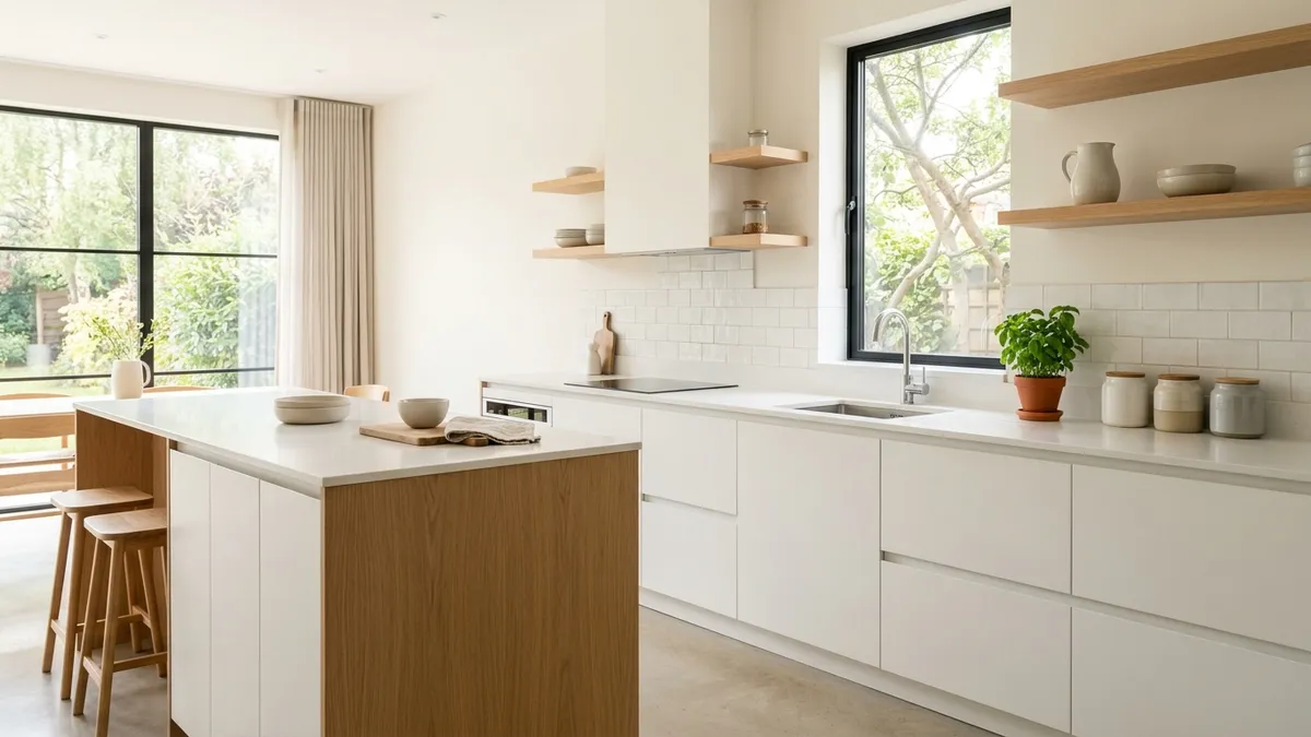 Bright minimalist kitchen with flat front white cabinets, light oak accents, and a clear quartz countertop