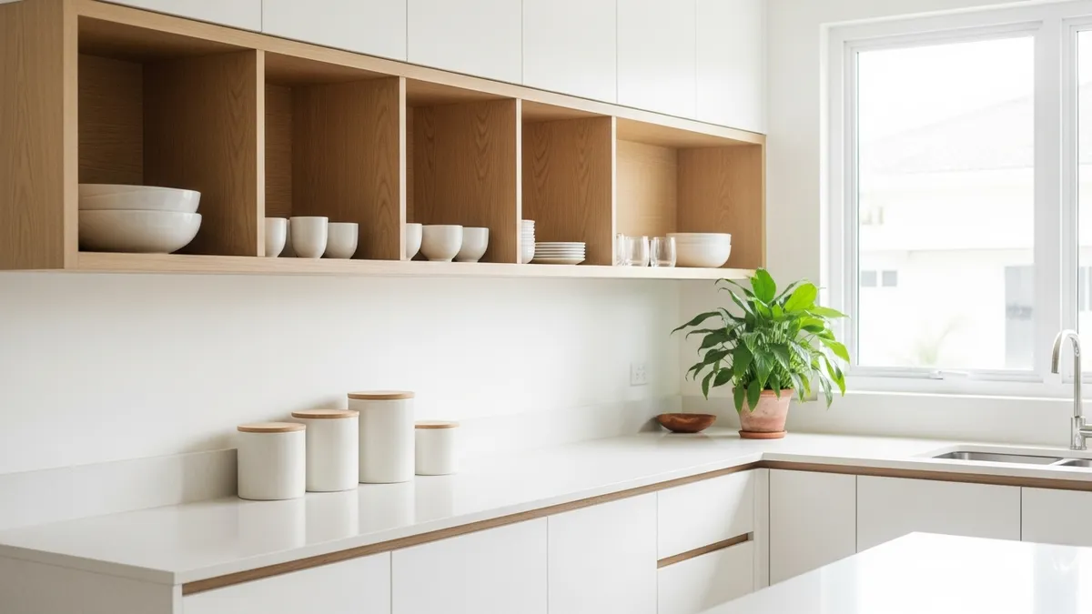 Minimalist kitchen inspiration with white cabinets, open shelves, and neatly organized countertop in modern Indonesian home