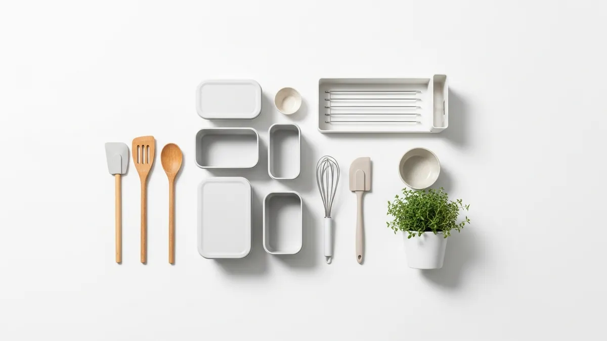 Minimalist kitchen accessories including matching containers, dish rack, and simple kitchen tools for organized cooking space