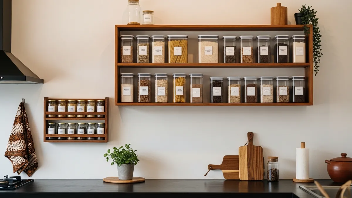 Minimalist kitchen storage with clear airtight containers and organized open shelving system