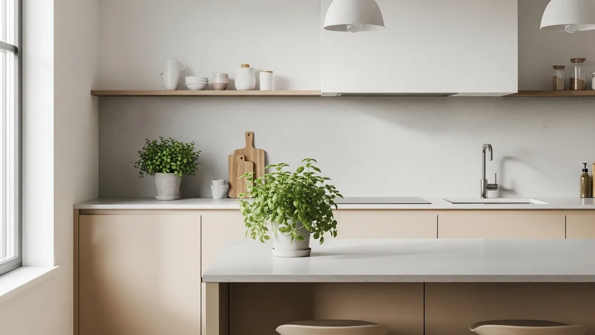 Minimalist kitchen color scheme with white, beige, and gray tones for a clean modern look