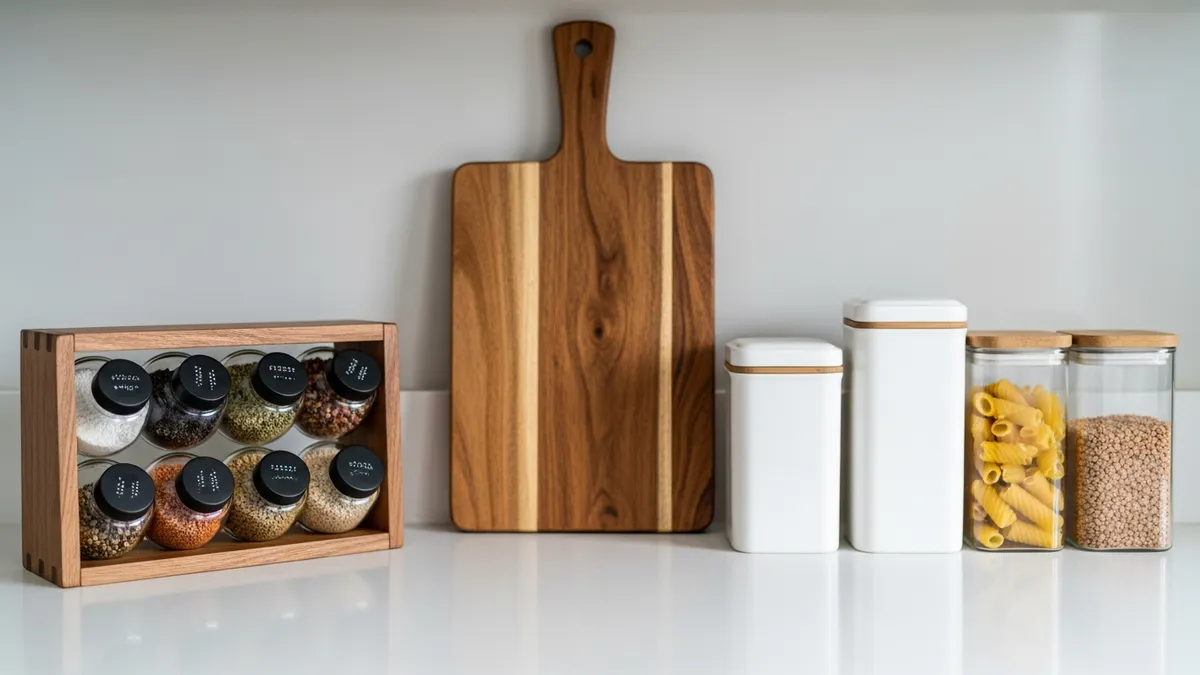Organized kitchen countertop with minimal spice rack and airtight containers for minimalist kitchen