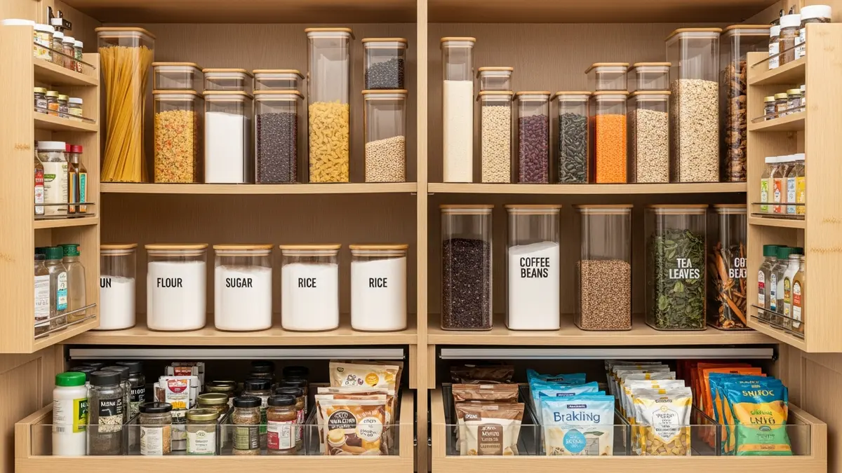 Inside kitchen cabinet organized with labeled food storage containers for minimalist kitchen organization