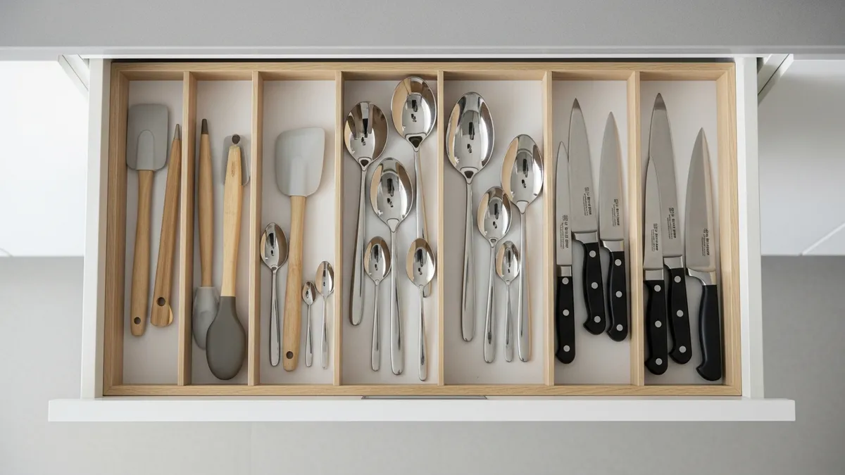 Kitchen drawer with dividers organizing utensils neatly as part of minimalist kitchen organization