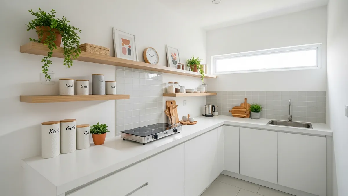 Small apartment minimalist kitchen with wall-mounted shelves and matching storage jars