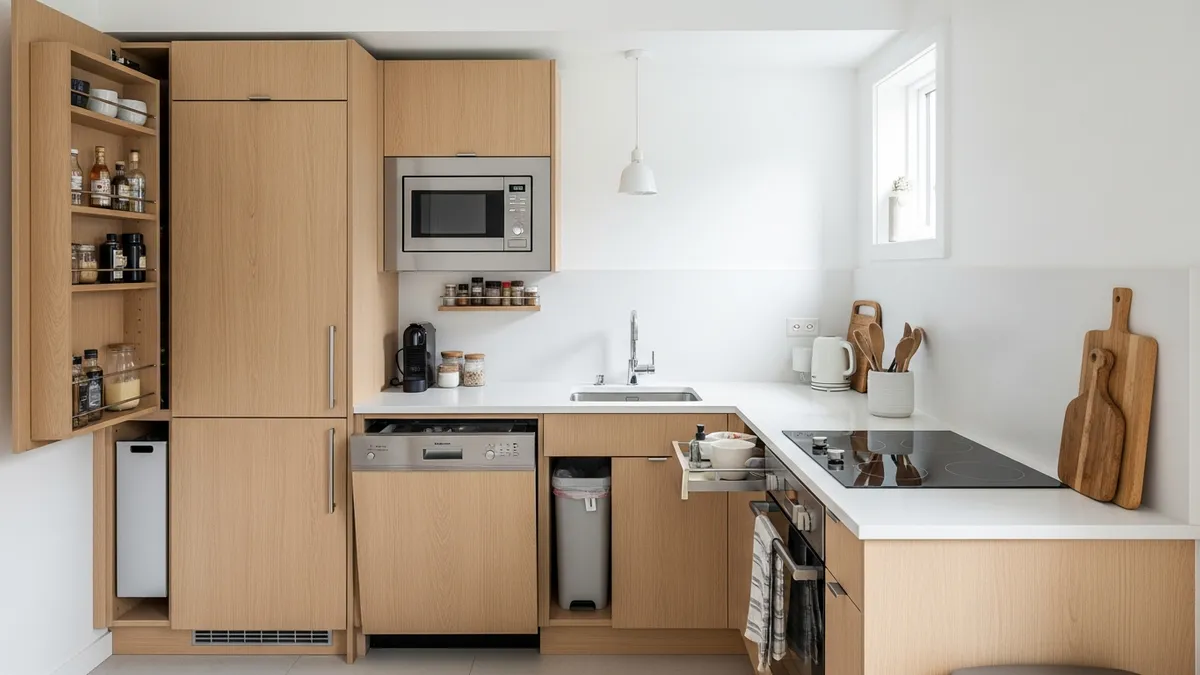 Small minimalist kitchen set design with light wood cabinets and efficient storage