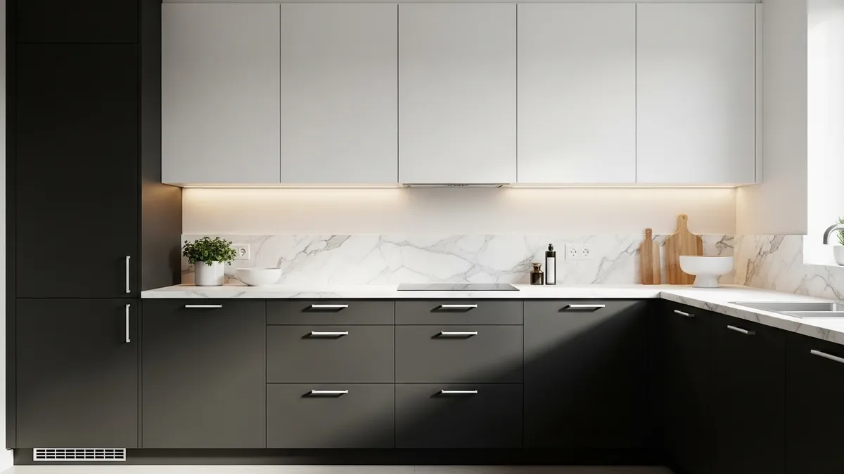 Two-tone minimalist kitchen set design with dark and white cabinet combination