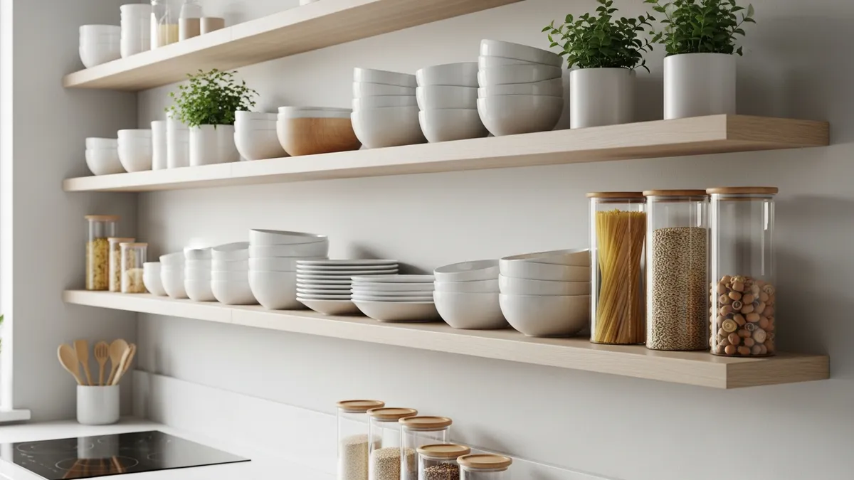 Minimalist kitchen with open shelving and organized storage containers