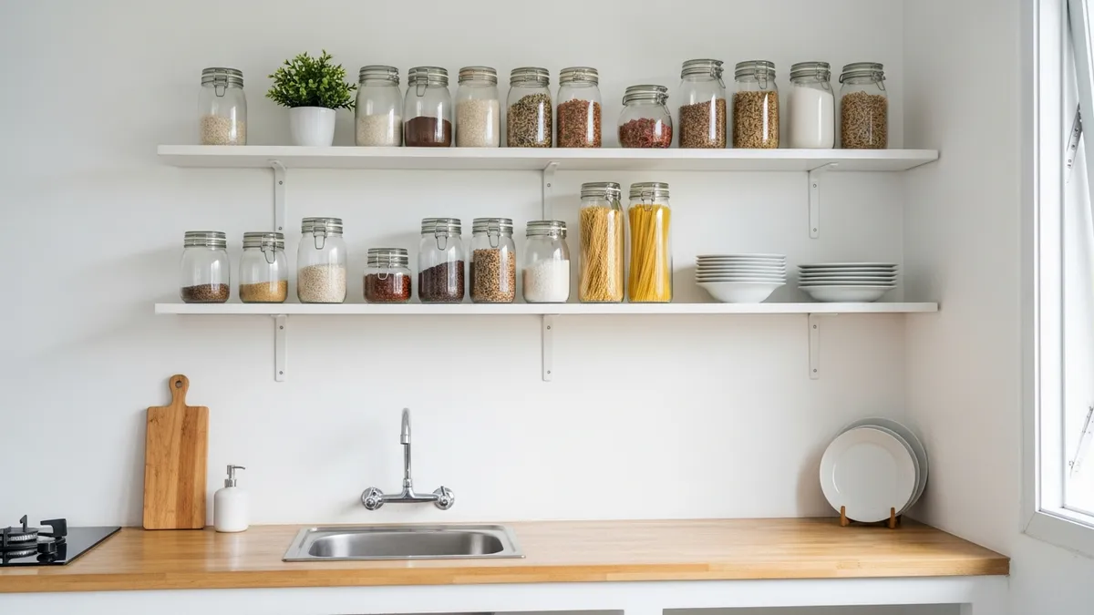 Minimalist kitchen shelf ideas with open shelves and organized pantry jars in Indonesian home