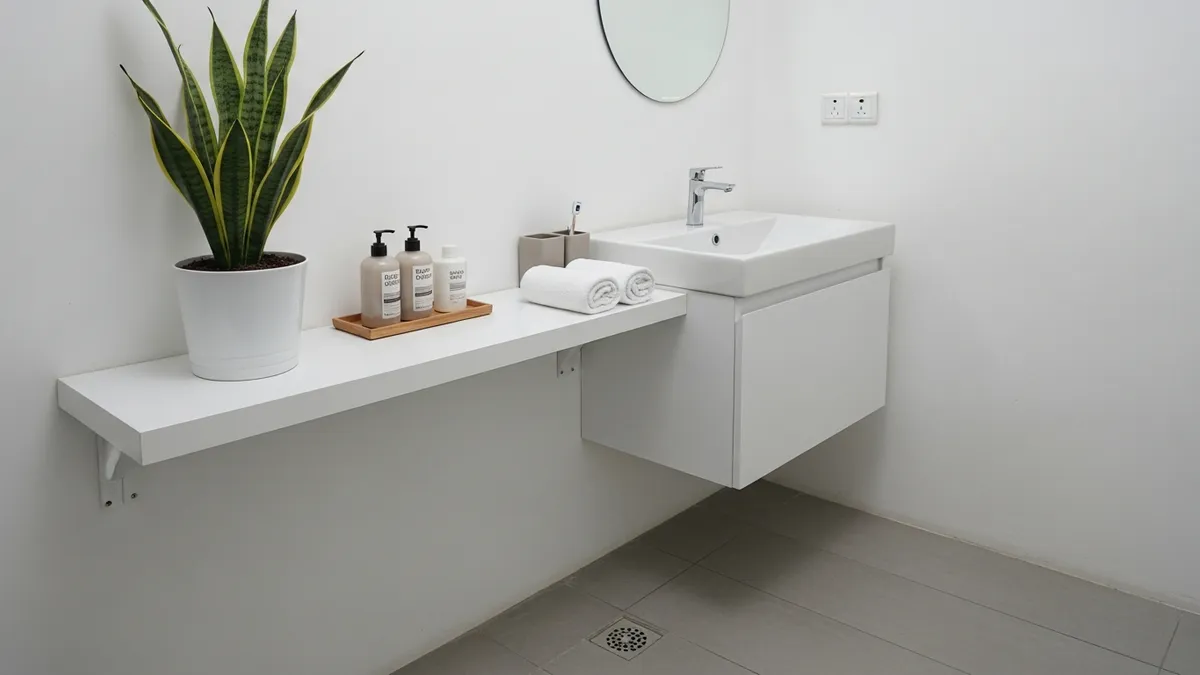 Minimalist bathroom shelf ideas with organized toiletries and small plant on wall-mounted shelf in Indonesian home