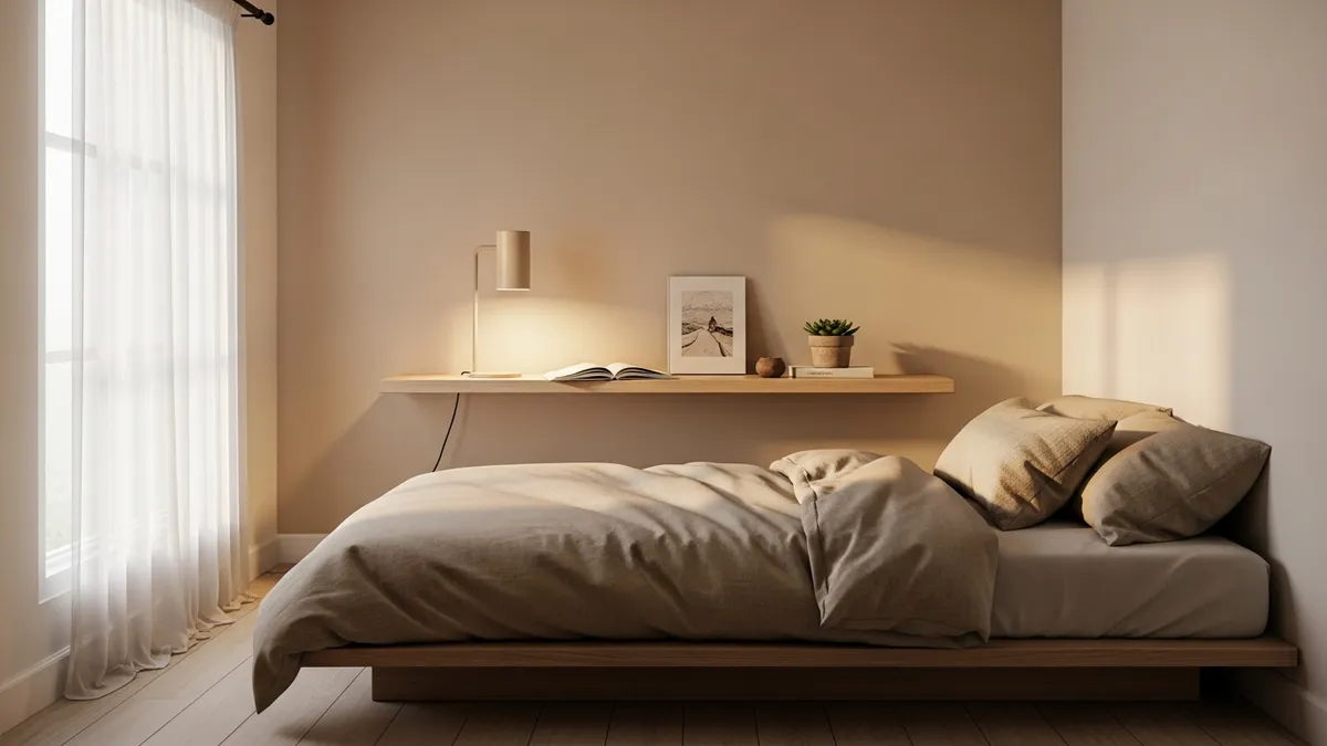 Minimalist bedroom shelf ideas with floating wooden shelf above bed in Indonesian home