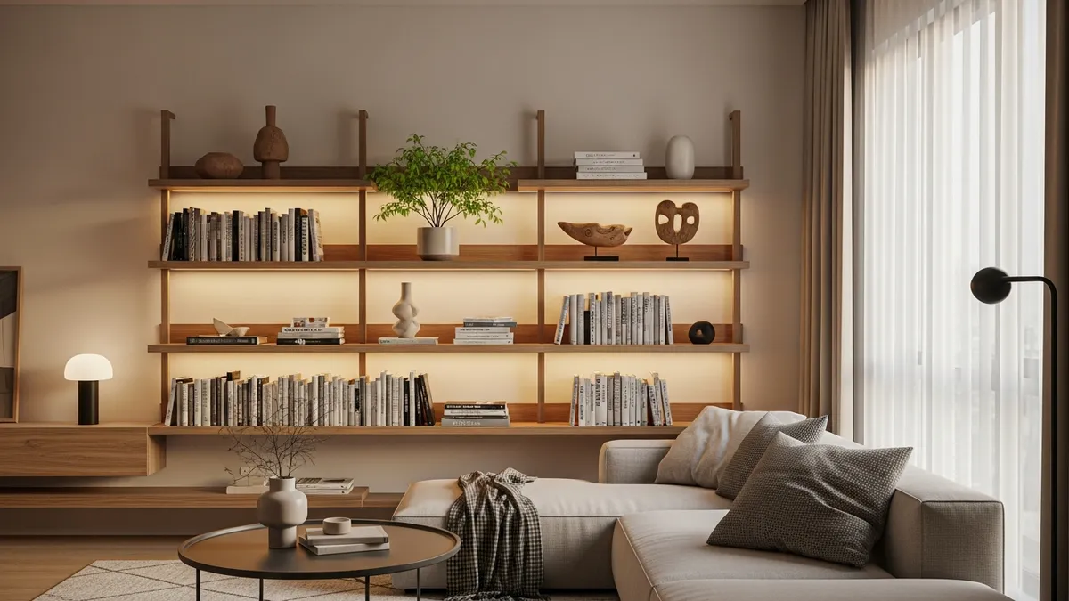 Minimalist open shelf ideas for Indonesian living room with wooden floating shelves