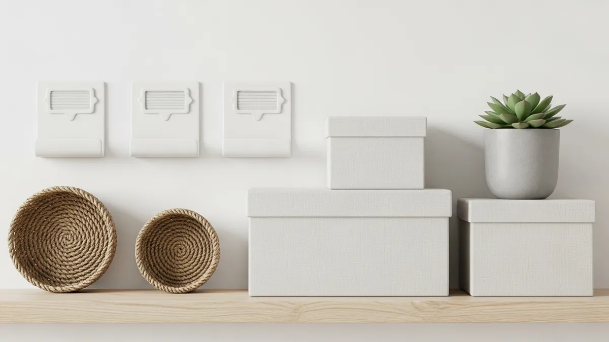 Minimalist shelf styling tips with baskets, plants and label organizers for home organization