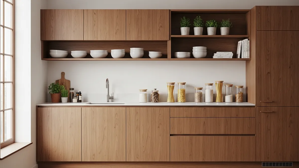 Straight line model kitchen set minimalis with wood finish and organized storage