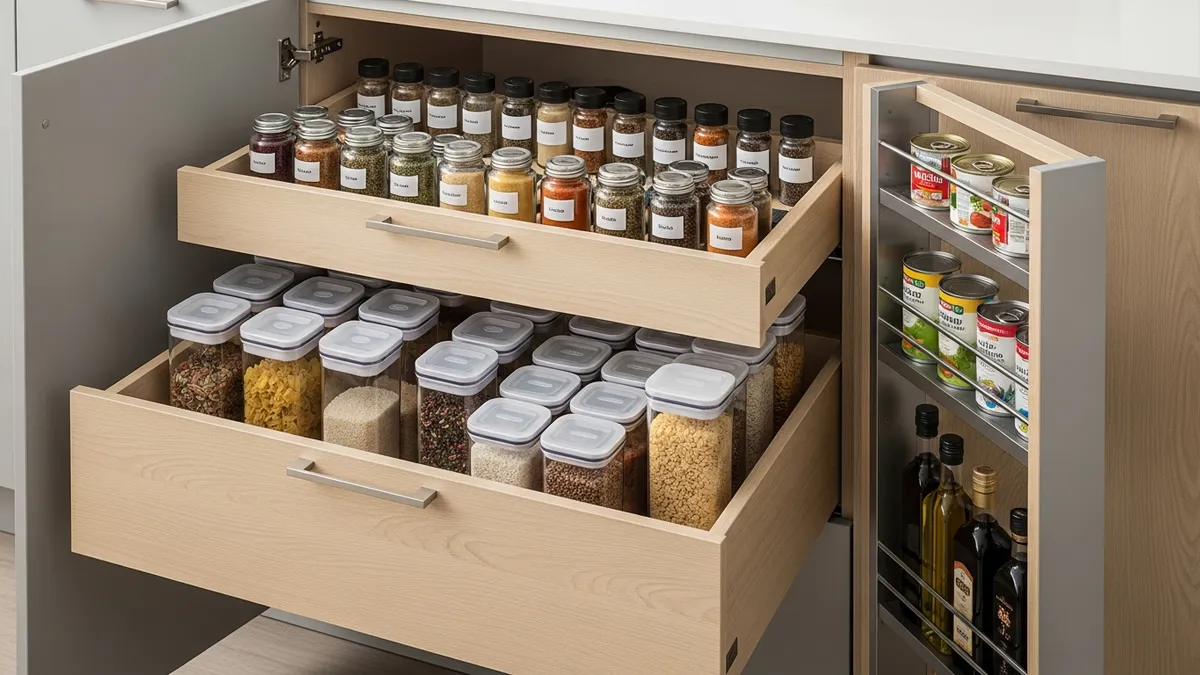 Minimalist kitchen set interior storage organization with containers and drawers