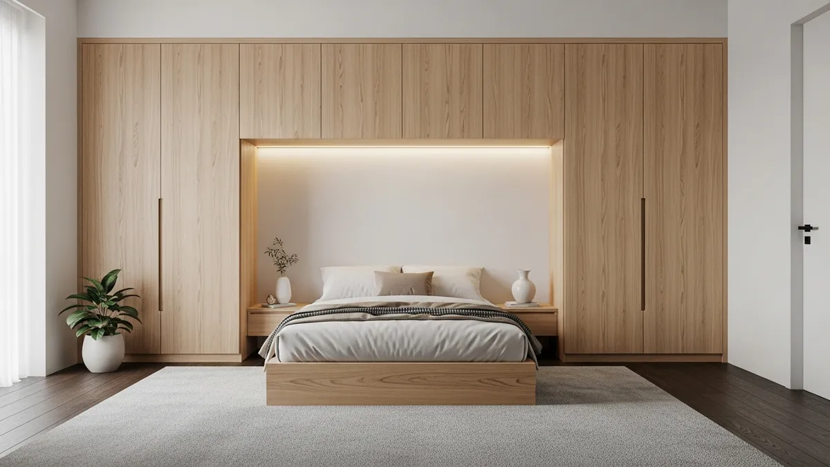 Minimalist bedroom with built-in wardrobe and organized storage system