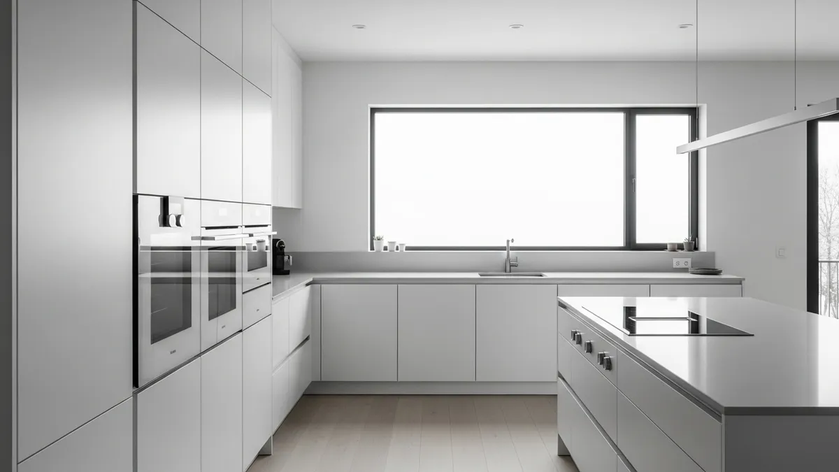 Modern minimalist kitchen set with clean white cabinets and sleek design