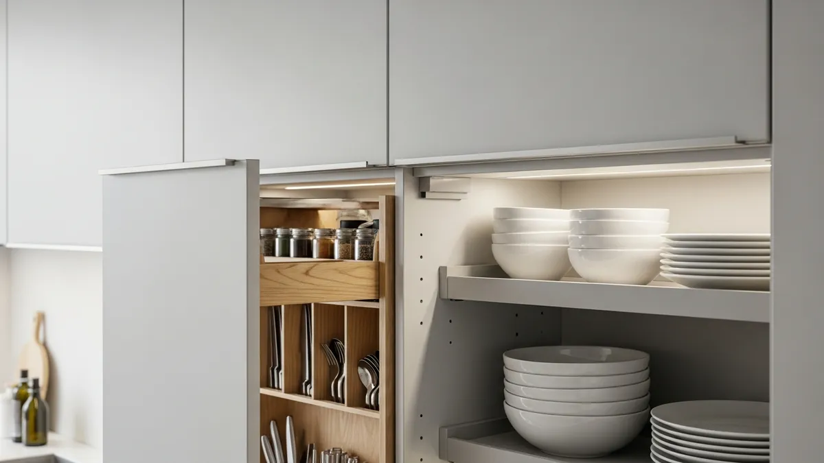 Minimalist kitchen set cabinet details with handleless doors and organized storage